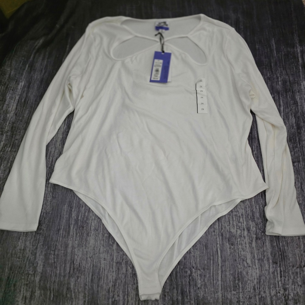 Future Collective White Cutout Ribbed Long Sleeve Bodysuit 2X NEW